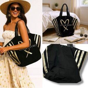 258 Victoria’s Secret | EUC Black Gold Heart Tote Bag Shopper Large (22x13x9)